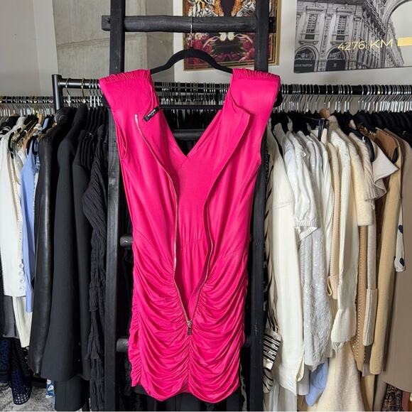 Balmain Fuchsia Ruched Mini Dress Metallic Shine V-Neck Pointed Shoulder - Picture 13 of 16